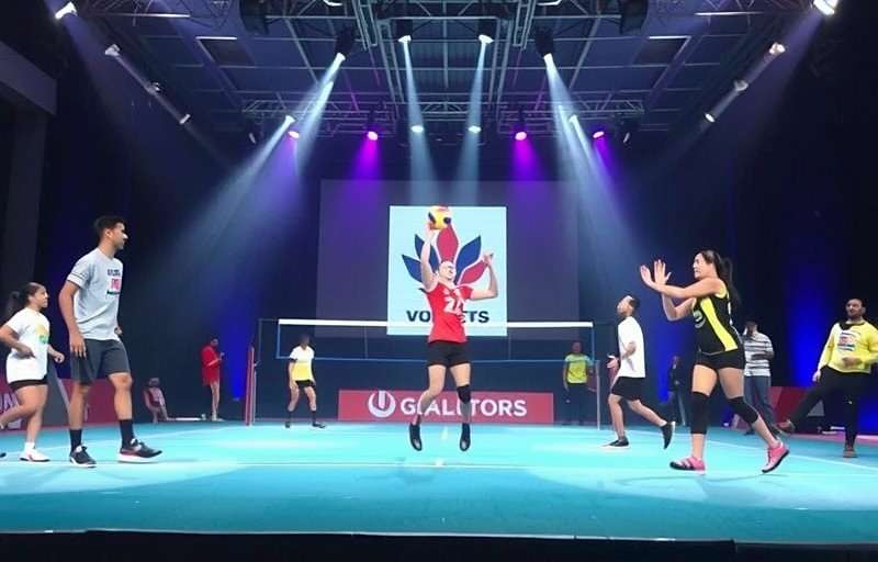 Volley Gladiators India national tournament finals with players competing on stage